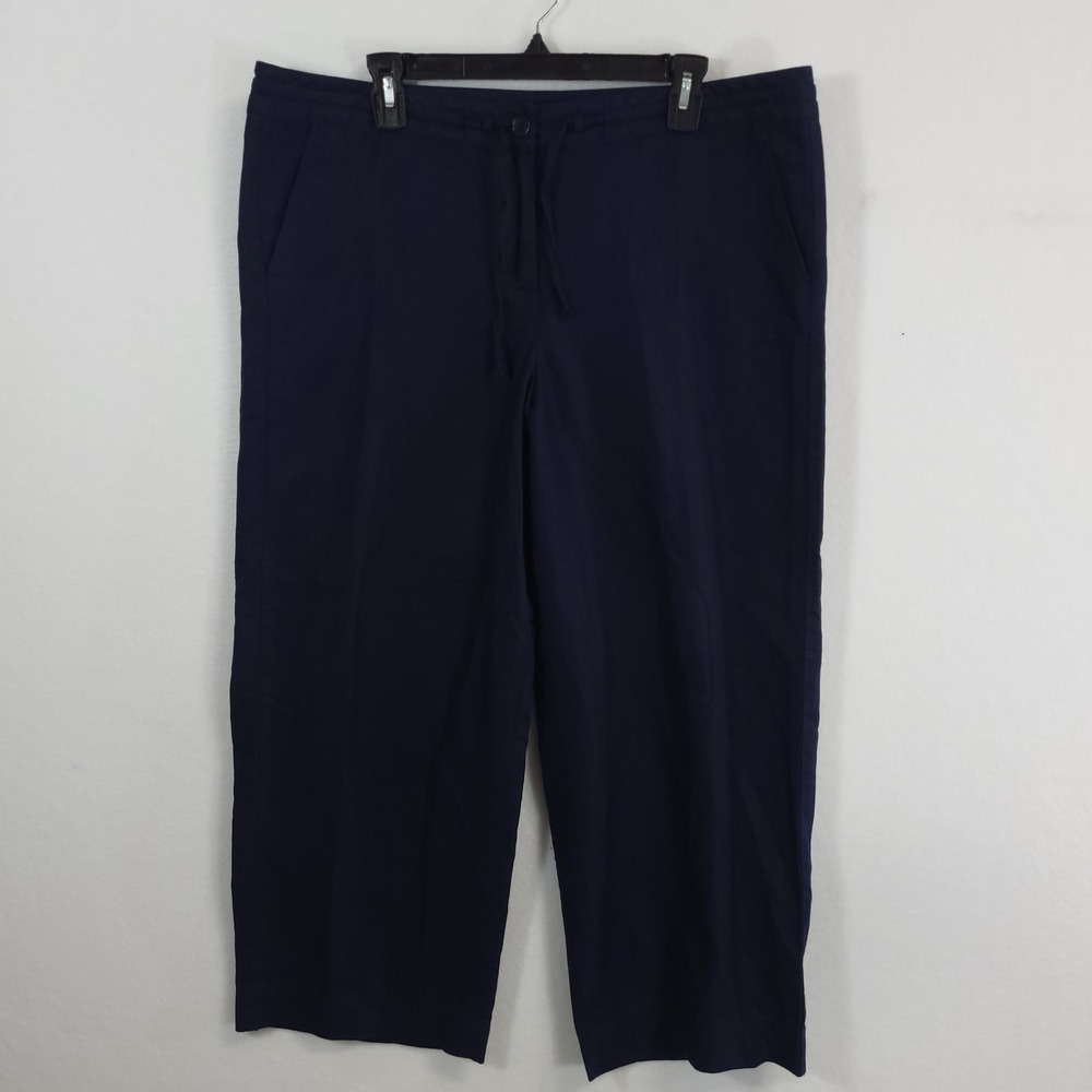 Talbots Cropped Pants Womens 16P Navy Blue Linen Cotton Drawstring Trousers